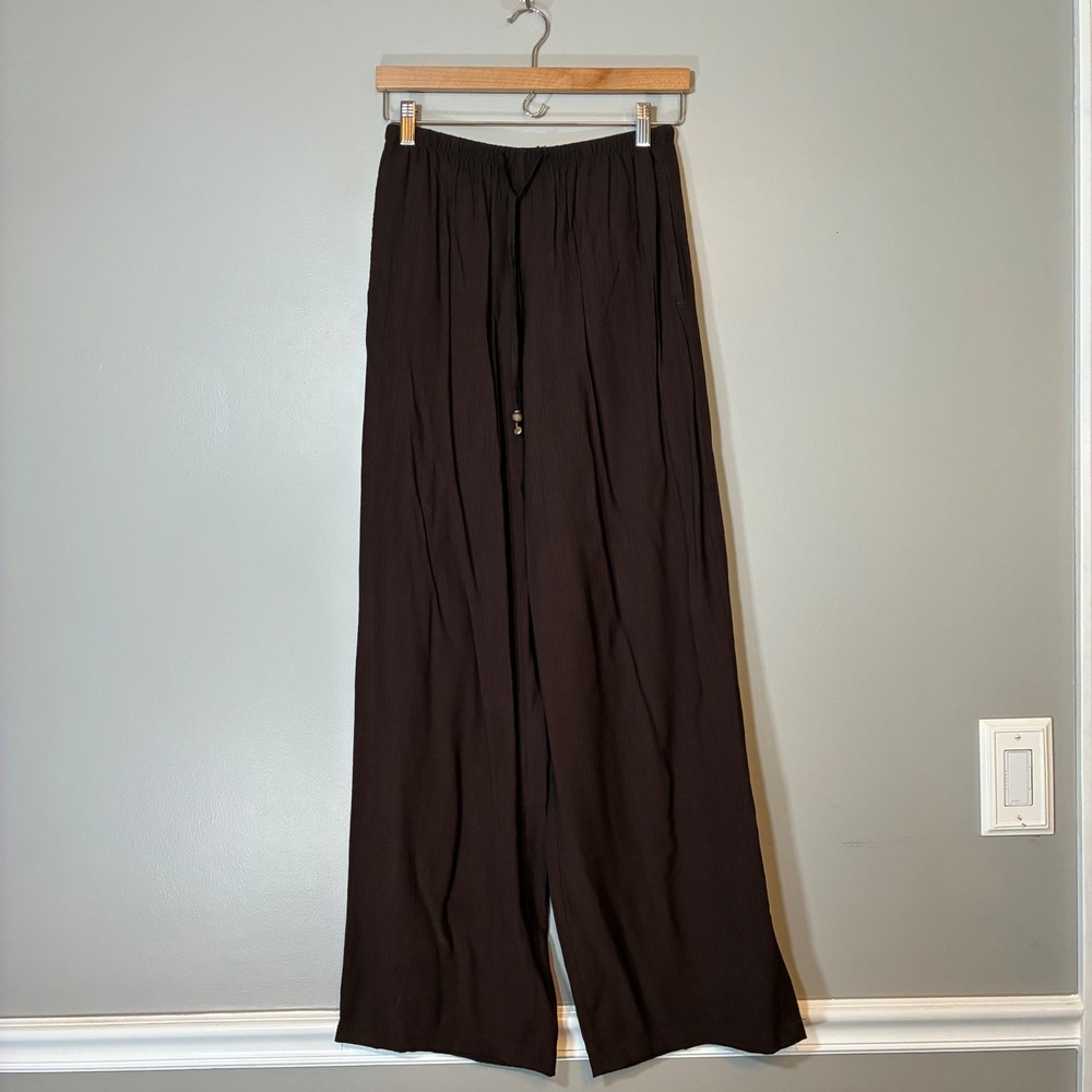 Zara Brown Crinkle Wide Leg Drawstring Pants High Waist XS Beaded Tassels